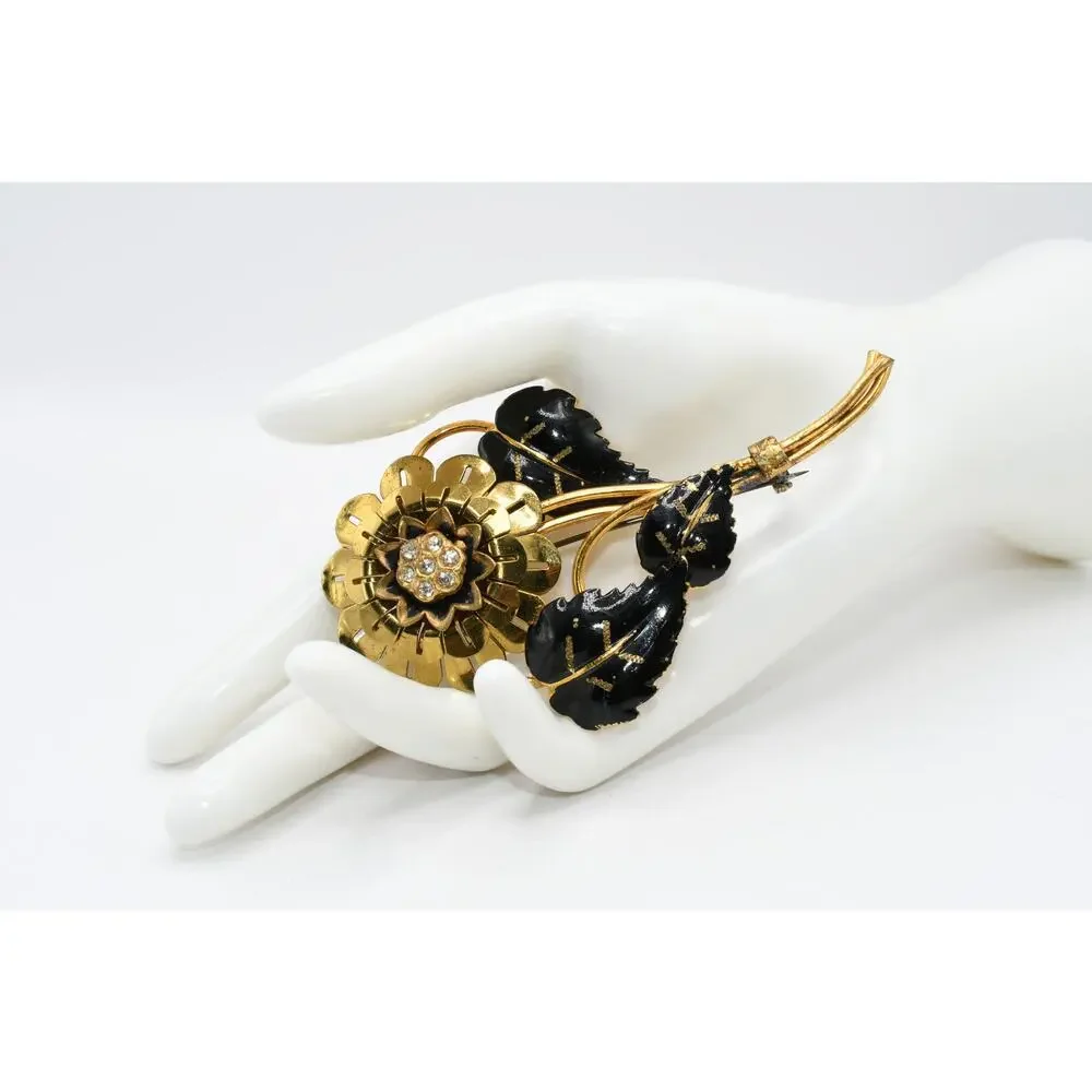 Vintage Large Flower Brooch Black Enamel Leaves Rhinestone Center Brass